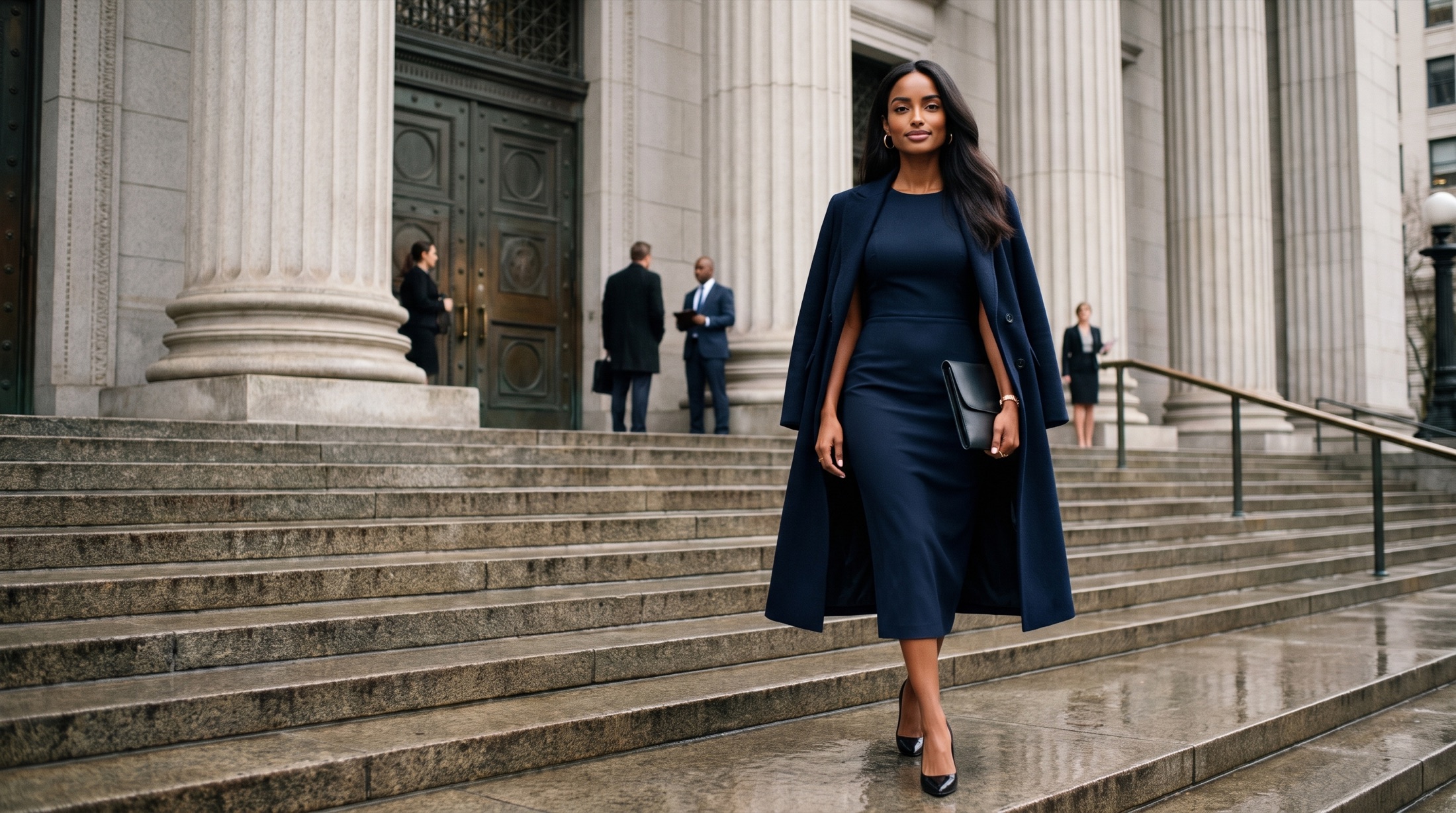 Elizabeth Bennet leaving the courthouse after winning a case